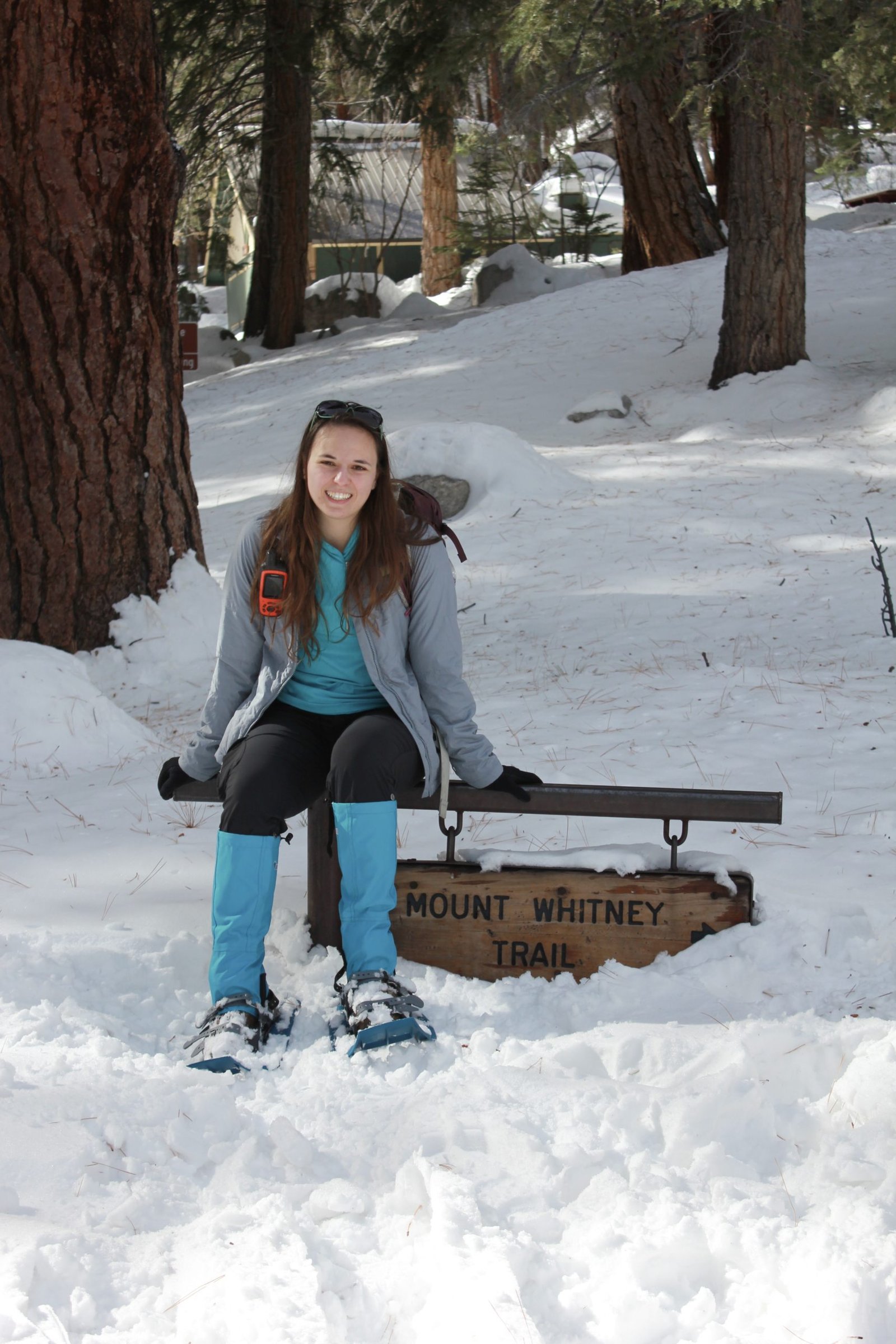 woman snowshoeing at Mount Whitney Portal