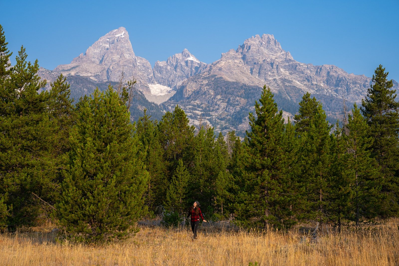 woman standing in a field below the grand tetons