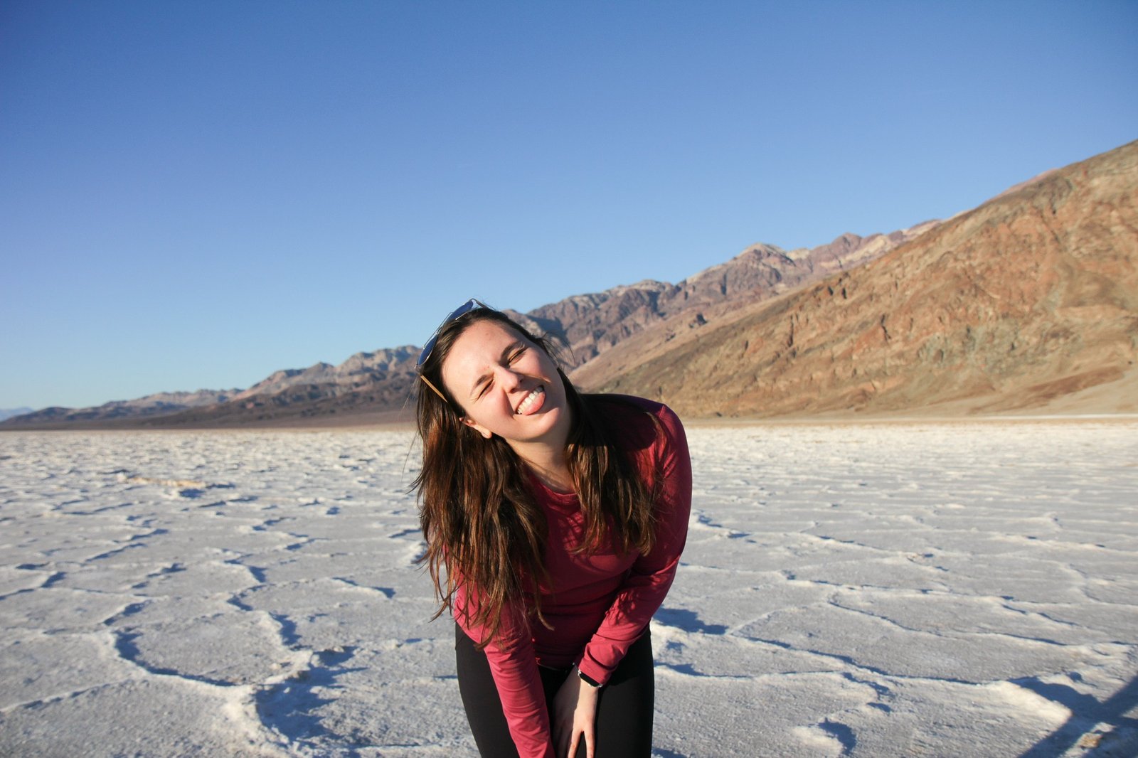 woman smiling on Badwater Basin in Death Valley