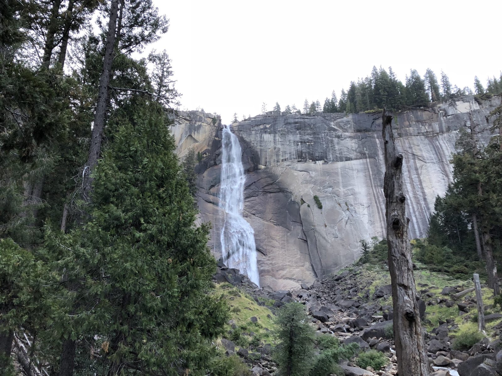 Water falls on the Mist Trail in Nevada Falls